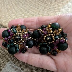 Vintage Green And Purple Large Cluster Beaded Clip On Earrings NWT